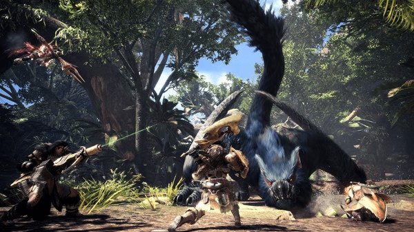 Screenshot from Monster Hunter World: Iceborne Master Edition showing hunters battling a large monster in a lush forest environment.