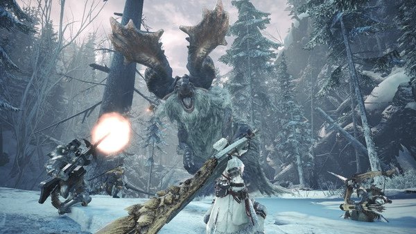 Screenshot from Monster Hunter World: Iceborne Master Edition showing hunters battling a roaring monster in a snowy forest.