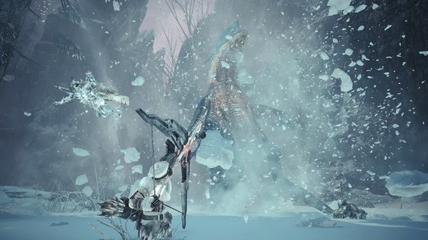 A Monster Hunter World: Iceborne Master Edition screenshot shows a hunter battling a large dragon amidst a snowy landscape.