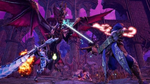 Screenshot from Monster Hunter Rise: Sunbreak showing two hunters battling a large dragon-like monster in a ruined arena.