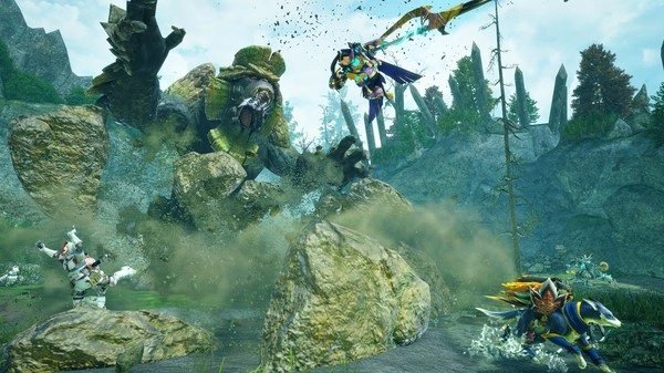 Screenshot from Monster Hunter Rise: Sunbreak showing hunters battling a giant monster in a lush, mountainous landscape.