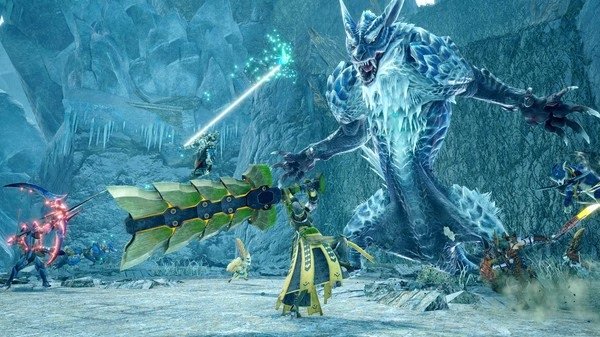 Screenshot from Monster Hunter Rise: Sunbreak showing hunters battling a large ice-covered dragon in a snowy landscape.