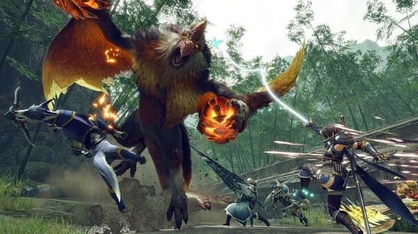 Screenshot from Monster Hunter Rise: Sunbreak shows hunters battling a fiery beast in a lush forest setting.