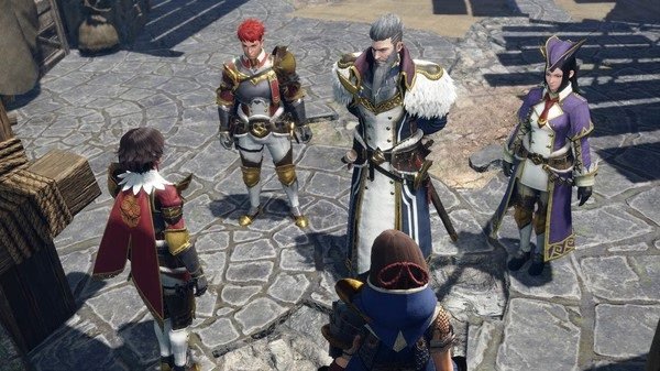 A screenshot from Monster Hunter Rise: Sunbreak showing five characters in detailed armor standing in a cobblestone village setting.