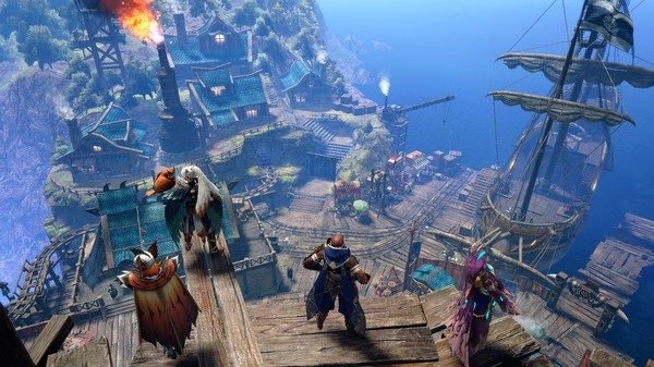 Screenshot from Monster Hunter Rise: Sunbreak showing hunters overlooking a coastal village with ships and buildings in view.