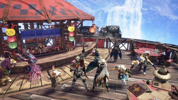 Screenshot from Monster Hunter Rise: Sunbreak showing hunters and Palicoes gathered at a festive outdoor hub with a waterfall view.