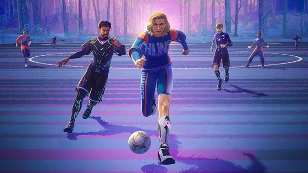 Screenshot from REMATCH showing players in dynamic action on a vibrant field, as one leads with the soccer ball.