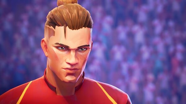 A screenshot from REMATCH showing a close-up of a character in a red outfit, with a blurred crowd visible in the background.