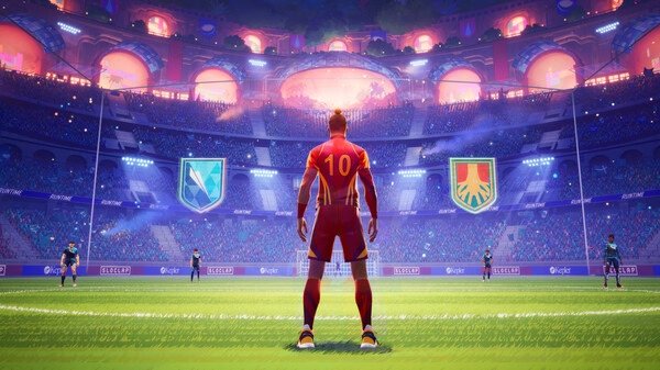 Screenshot from REMATCH showing a player in a red jersey with number 10, standing in a brightly lit futuristic stadium.