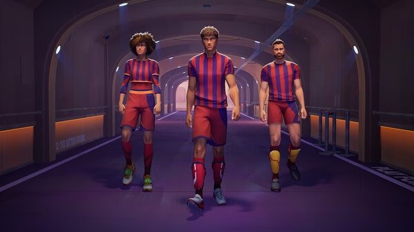 Screenshot from REMATCH showing three soccer players in red and blue kits walking through a dimly lit tunnel.