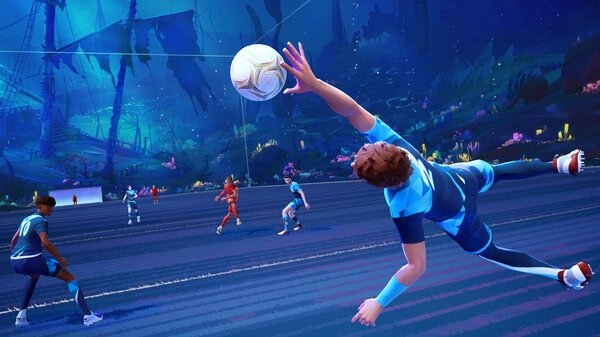 Screenshot from the game REMATCH shows players in a futuristic soccer match, with one player diving to catch the ball.
