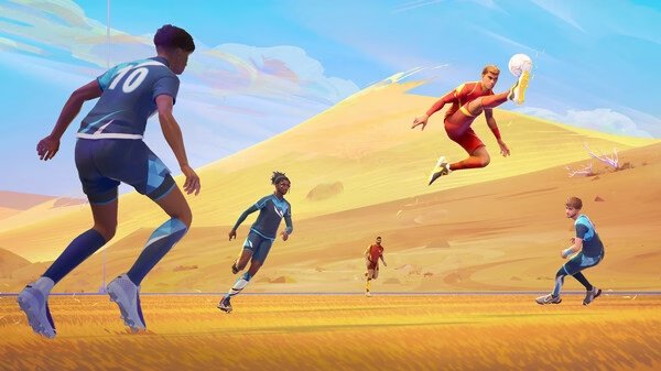 Screenshot of REMATCH showing players in a soccer match on a vibrant field with mountains in the background.
