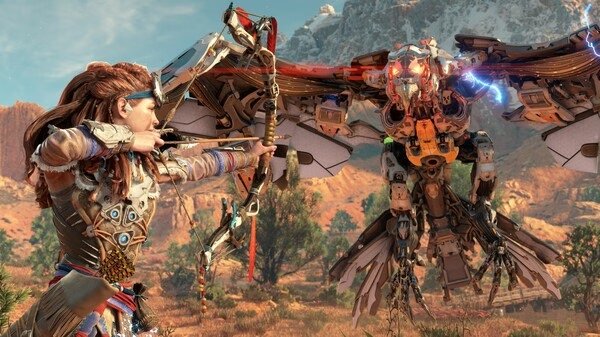 A screenshot from Horizon Zero Dawn™ Remastered showing Aloy aiming her bow at a large, mechanical bird in a desert landscape.
