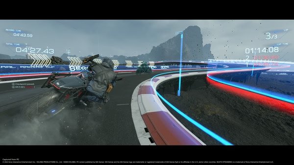 Screenshot of DEATH STRANDING DIRECTOR'S CUT showing a motorbike racing on a curved track with neon lights and mountains in the background.