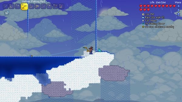 A Terraria screenshot showing a player fishing on a floating island surrounded by clouds under a rainy sky.