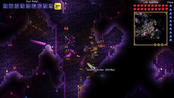 Terraria screenshot: A player battles skeleton archers in a glowing purple cavern while exploring the underground map.