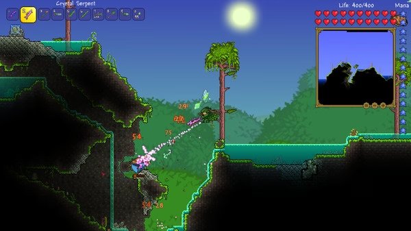 Screenshot of Terraria gameplay showing a player character battling enemies in a lush, forested landscape with a bright sky.