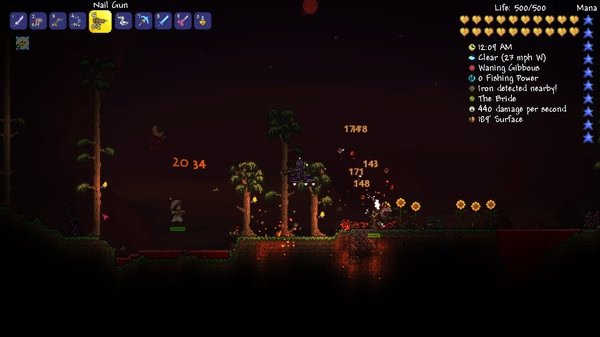 Terraria screenshot: A player battles monsters at night in a forest, using a Nail Gun. HUD showing health and stats is visible.
