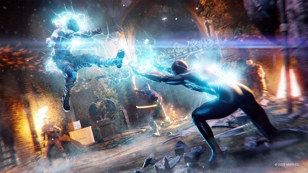 Screenshot from Marvel's Spider-Man 2 showing Spider-Man battling an electrified opponent in a dramatic action scene.