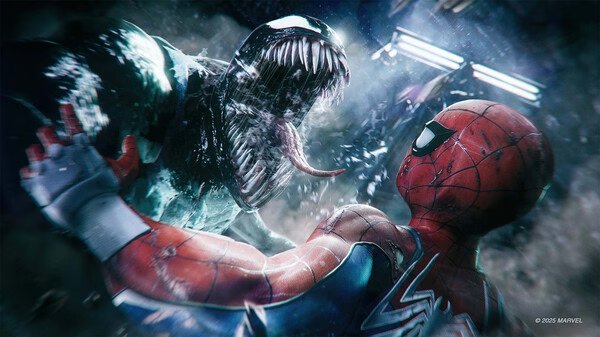 Screenshot from Marvel's Spider-Man 2 showing Spider-Man in a tense face-off with Venom, with dramatic lighting and action.