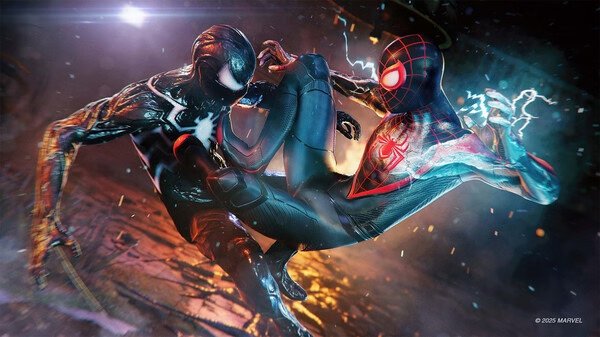 Screenshot from Marvel's Spider-Man 2 showing Spider-Man battling Venom with dynamic lighting effects.