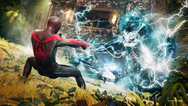 Screenshot from Marvel's Spider-Man 2 showing Miles Morales battling an electrified enemy in a vibrant, action-packed jungle setting.