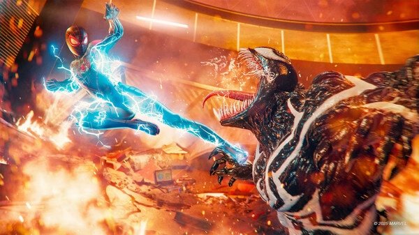 Screenshot from Marvel's Spider-Man 2 showing Spider-Man electrified, leaping toward Venom in a fiery, chaotic scene.