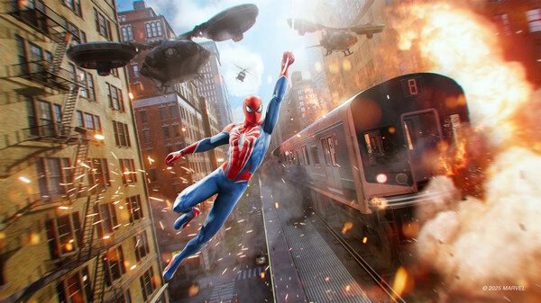 Spider-Man swings between buildings as explosions and drones surround a train in this action-packed Marvel's Spider-Man 2 screenshot.