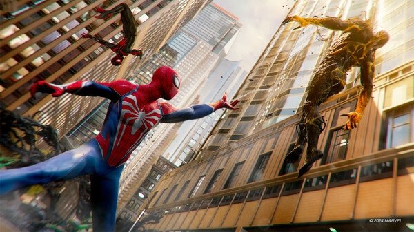 Screenshot from Marvel's Spider-Man 2 showing Spider-Man swinging through a city, confronting a villain on a building.