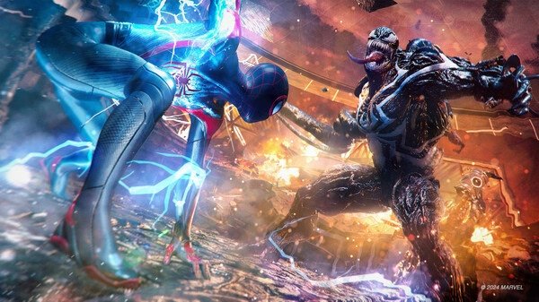 Screenshot from Marvel's Spider-Man 2 showing Miles Morales battling Venom in a fiery, action-packed scene with electric powers.