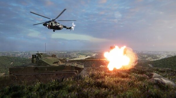 Screenshot from Broken Arrow: A tank fires a shell while a helicopter hovers above, set against a scenic landscape backdrop.