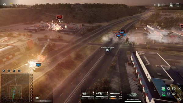 Screenshot from the game Broken Arrow showing a tactical battle scene with tanks and explosions on a highway.