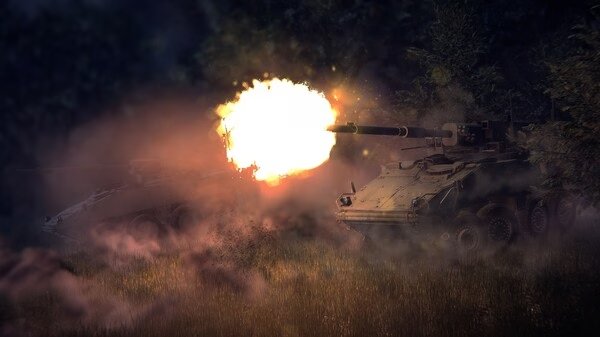 Screenshot from Broken Arrow showing a military vehicle firing a bright explosion amidst a forested area during combat.