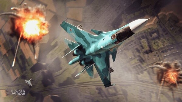 Screenshot from Broken Arrow showing a fighter jet in flight amidst explosions over a cityscape.
