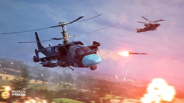 Screenshot from Broken Arrow showing two helicopters in flight, one firing a missile over a landscape with explosions.
