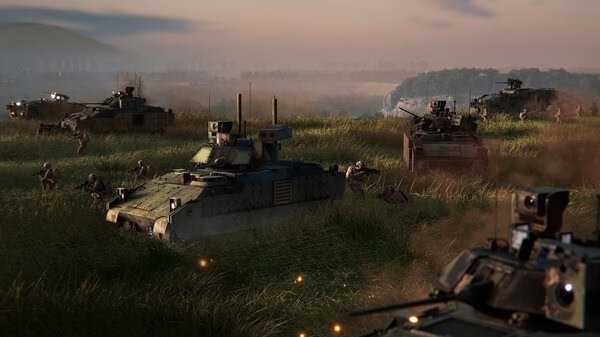 Screenshot from Broken Arrow: Military tanks and soldiers advance through a grassy field under a cloudy sky.