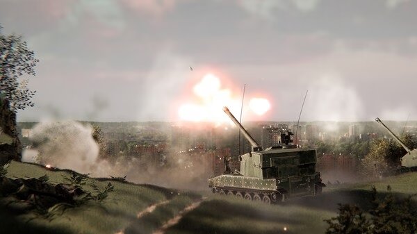 A "Broken Arrow" game screenshot showing a tank on a grassy hill with explosions in the distance against a city backdrop.