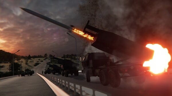 Broken Arrow screenshot showing military trucks firing missiles at sunset, with smoke and fire illuminating the battlefield.