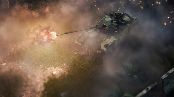 Broken Arrow screenshot showing a tank firing amidst smoke and flames on a grassy battlefield.