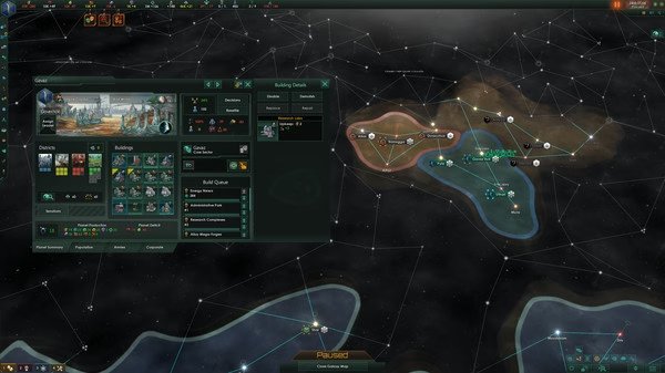 Stellaris screenshot showing a galaxy map with star systems and a planet management interface on the left side.
