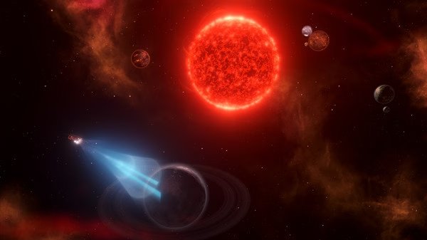 Screenshot from Stellaris showing a spaceship traveling near a red star with planets and glowing nebulae in the background.