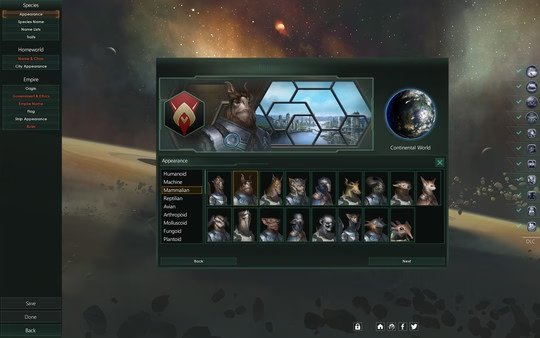 Stellaris screenshot showing the species customization screen with various alien species avatars and traits options.