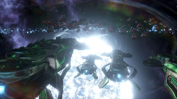 Stellaris screenshot showing a fleet of starships flying near a bright star, with planets visible in the background.