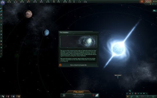 Stellaris screenshot showing a star system with planets, a bright pulsar, and an event window titled "The Unbidden."