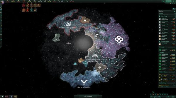 Stellaris screenshot showing a galaxy map with various factions, including 'Bloc of Yucim' and 'Hithar Coalition', with borders and icons.