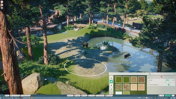 A Planet Zoo screenshot showing a lush habitat with a pond, trees, and terrain editing tools visible on the interface.
