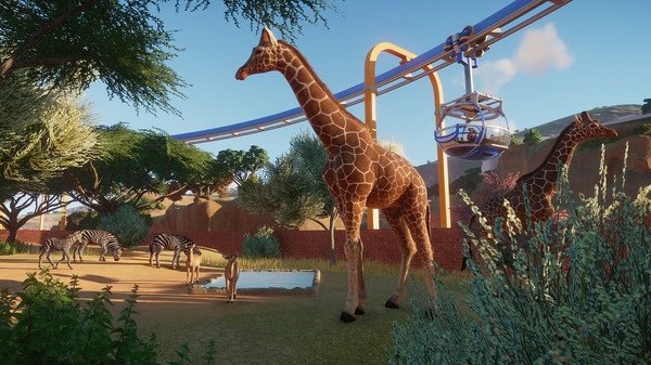 Planet Zoo screenshot: Giraffes and zebras roam a sunny savannah enclosure, with a monorail passing overhead in the background.