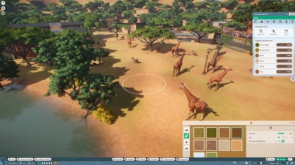 A Planet Zoo screenshot showing a savannah habitat with giraffes, trees, and a user interface displaying terrain options.
