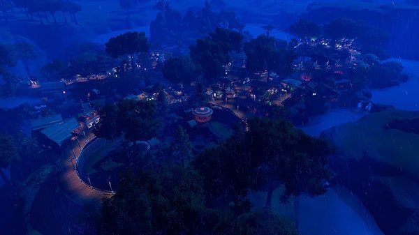 Planet Zoo screenshot showing a sprawling zoo at night, illuminated by lights, surrounded by trees and water under a rainy sky.