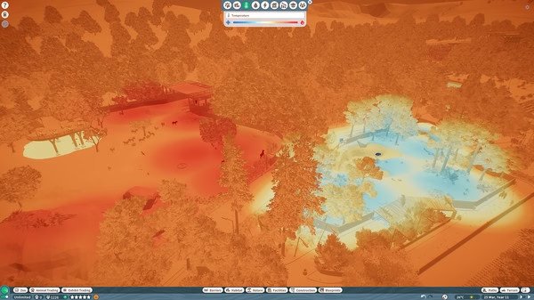 Planet Zoo screenshot showing a heat map of animal habitats with contrasting hot and cool areas, surrounded by dense trees.